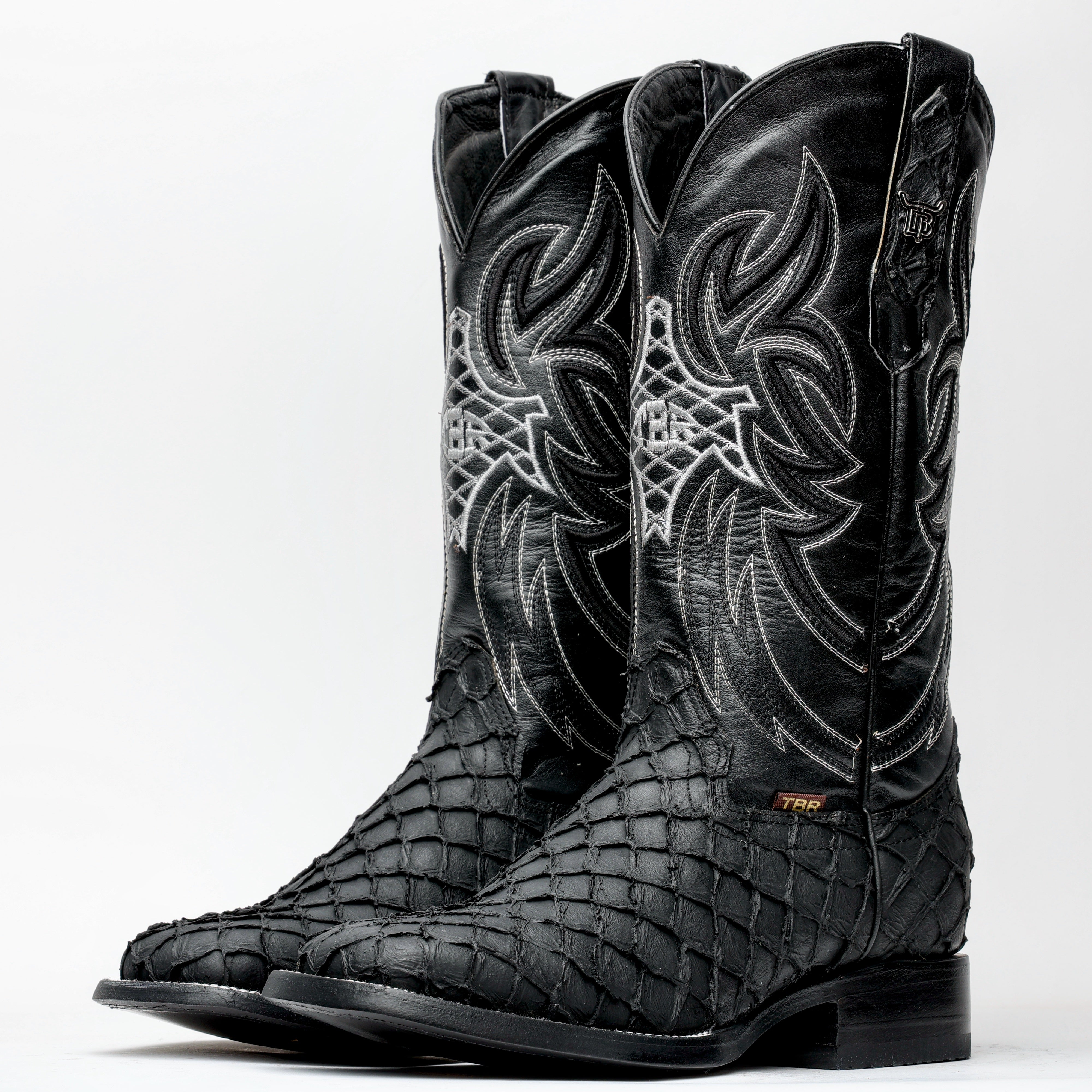 Matte Black Mini Pirarucu Leather Boots - Square Toe