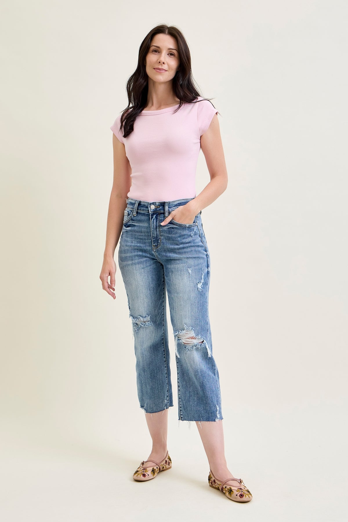 Celeste High Rise With Distressed Crop Wide Leg