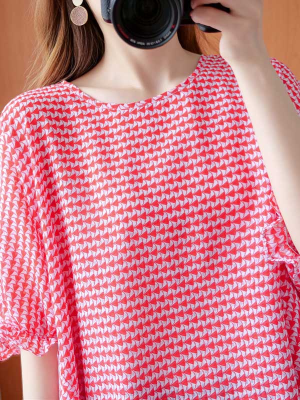 Casual Split-Joint Plaid Round-Neck Batwing Sleeves T-Shirts