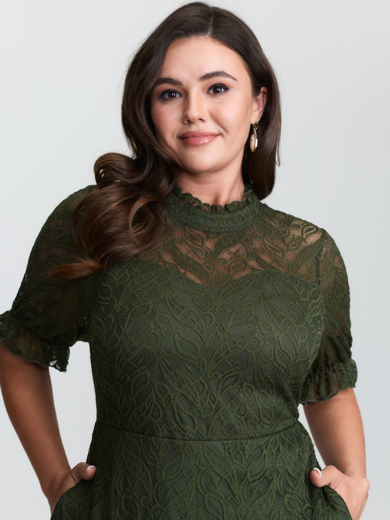 Mock Neck Lace Pockets Midi Dress