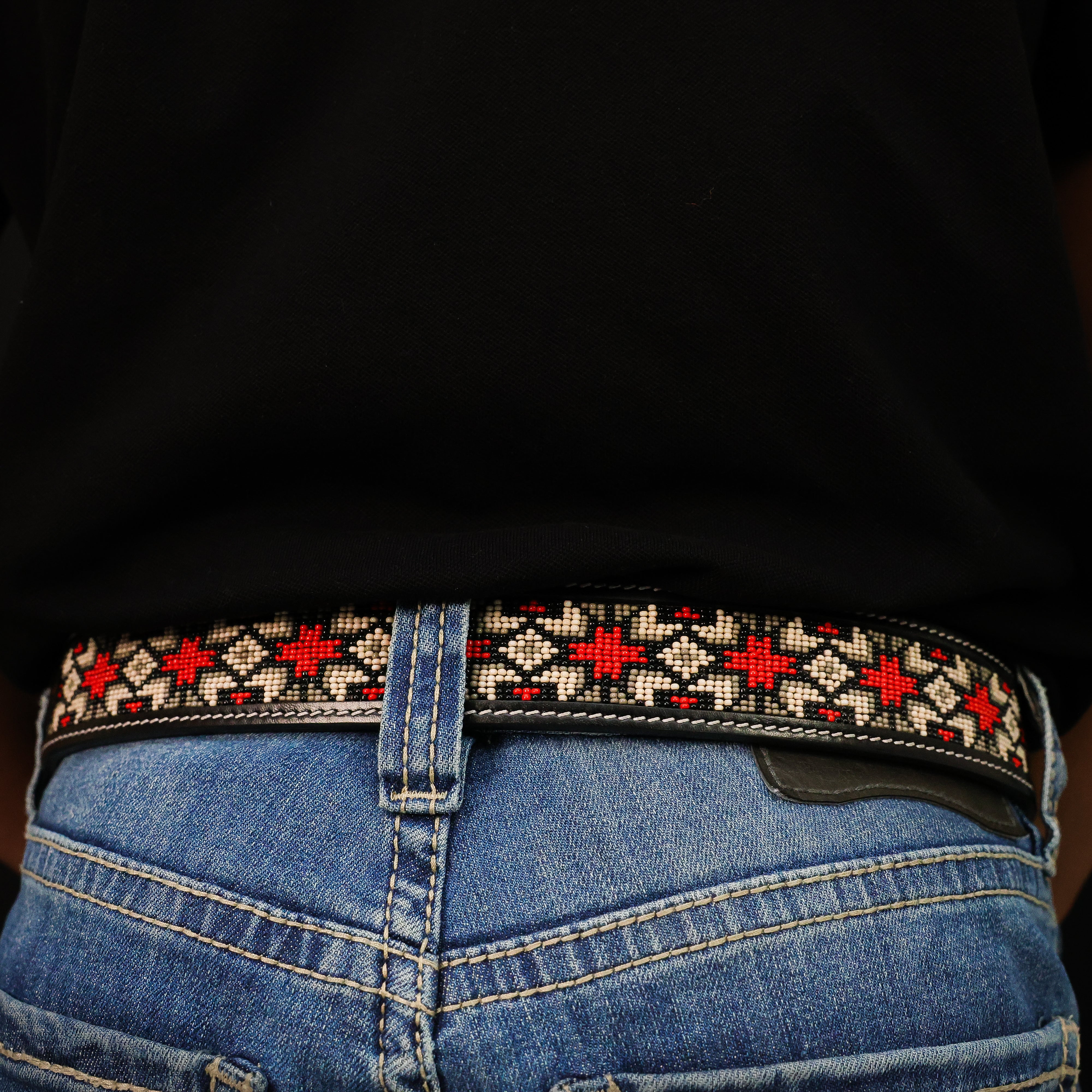 Hand-Tooled Artesanal Beaded Leather Belt