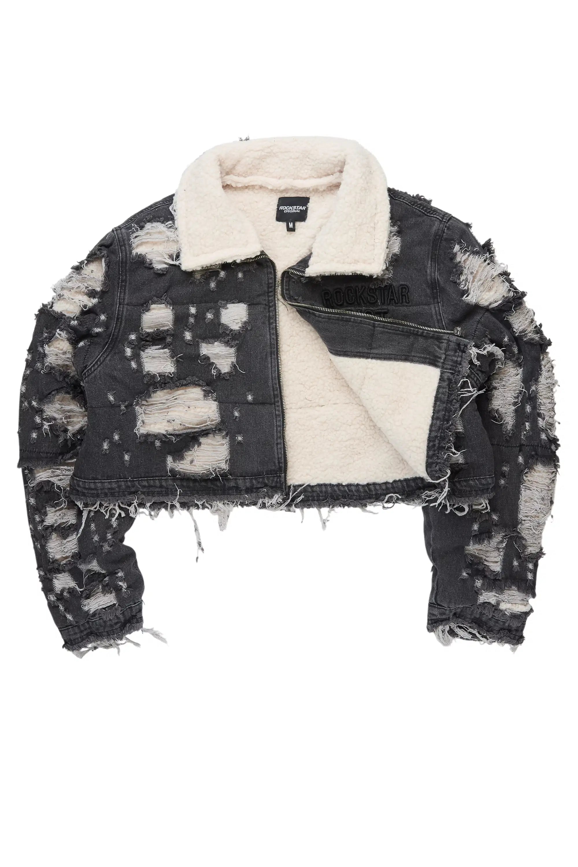 Fara Black Denim Sherpa Puffer Jacket