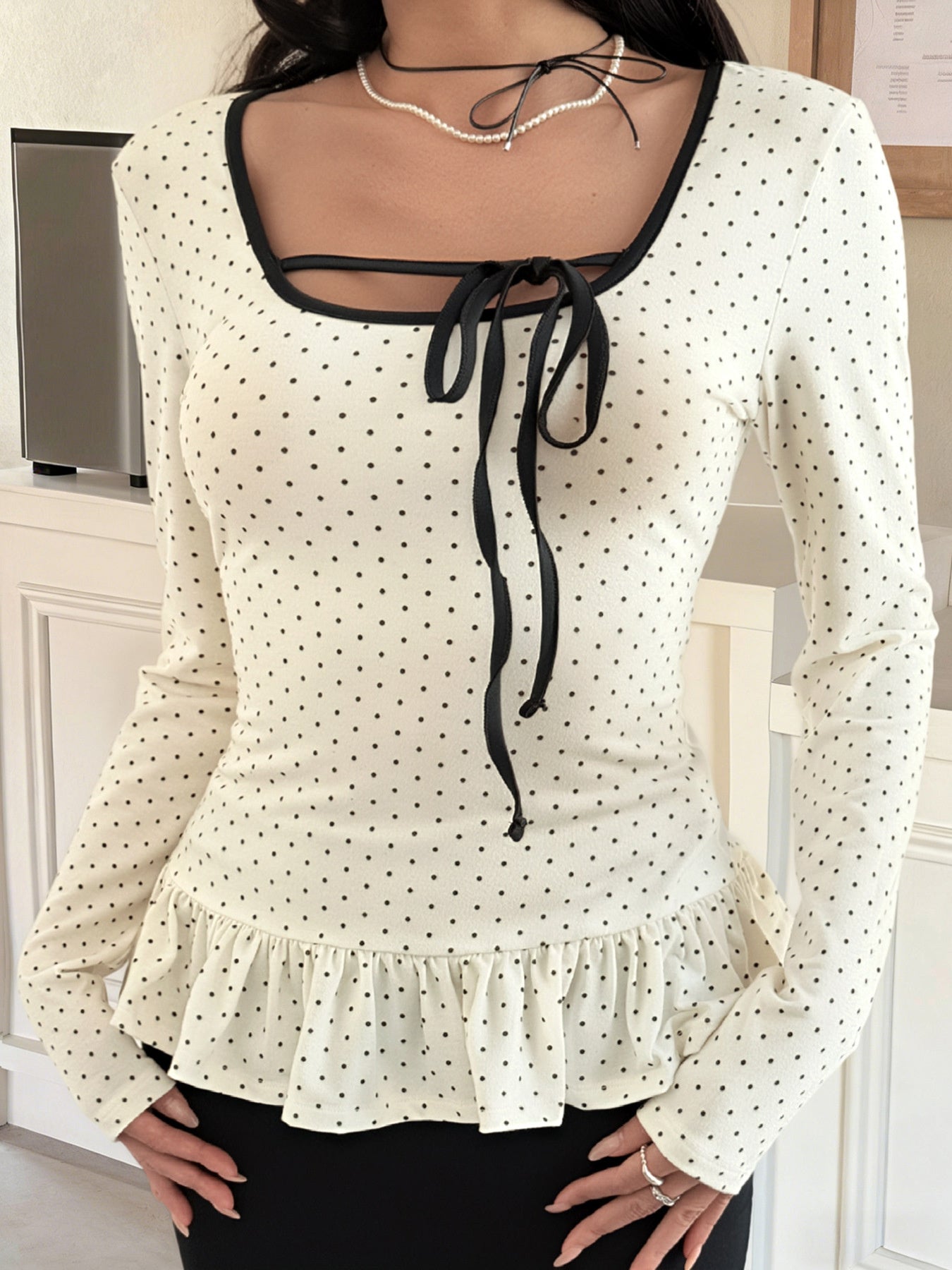 Polka Dot Ruffle Trim Long Sleeve T-Shirt