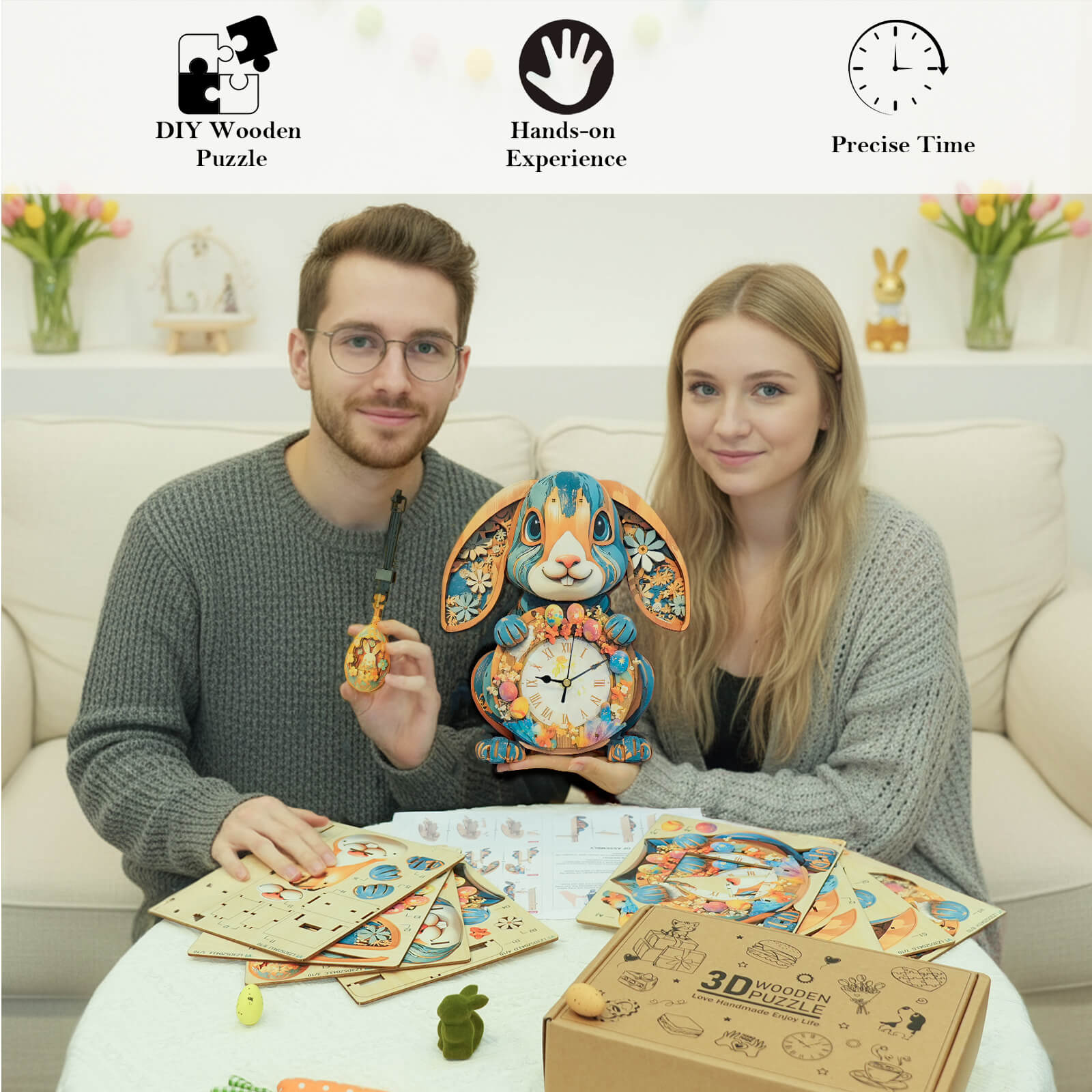 Rabbitâ€“ DIY Wooden Clock, 3D Puzzle Craft Kit