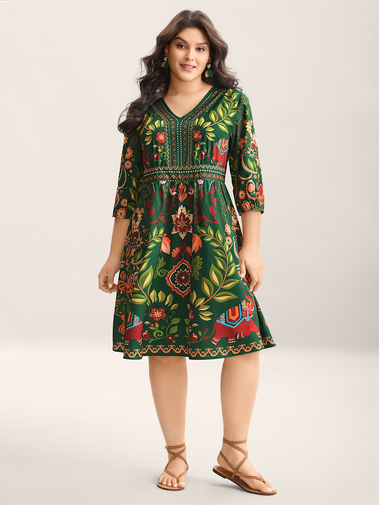 Boho Print V-Neck Pockets Mini Dress