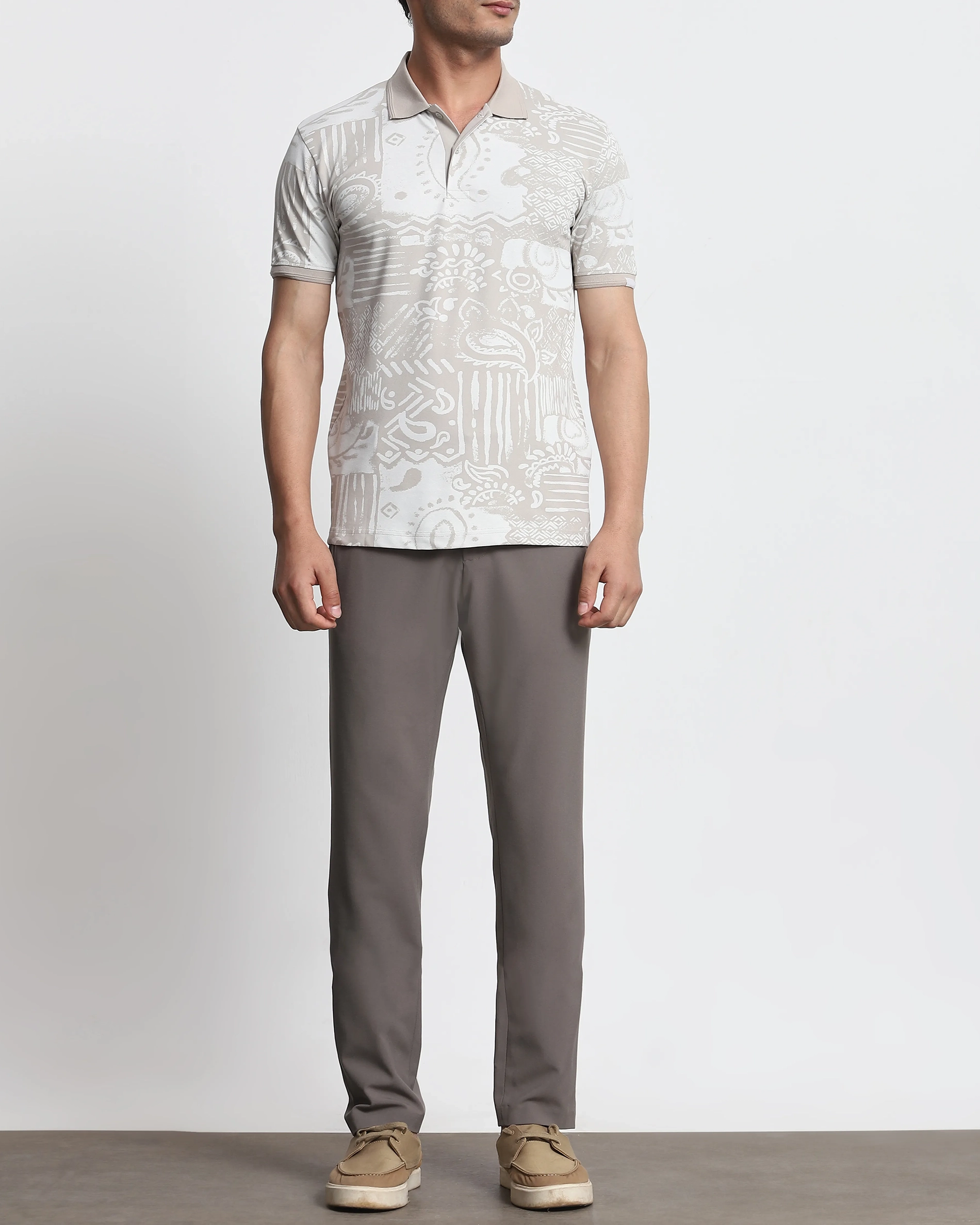 Daily Simple And Slimming Grey Abstract Print Polo Shirt