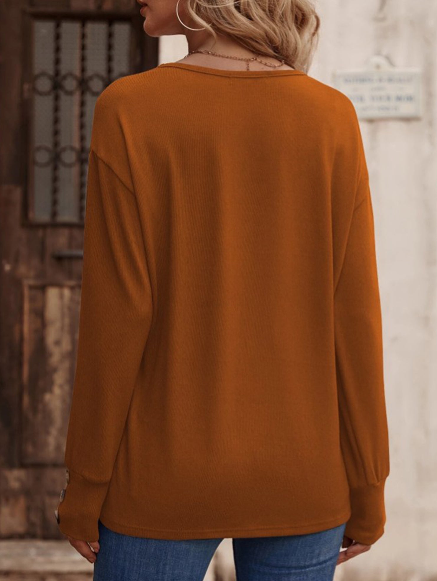 Solid V Neck Button Loose Long Sleeve Tee_CWTTL01231