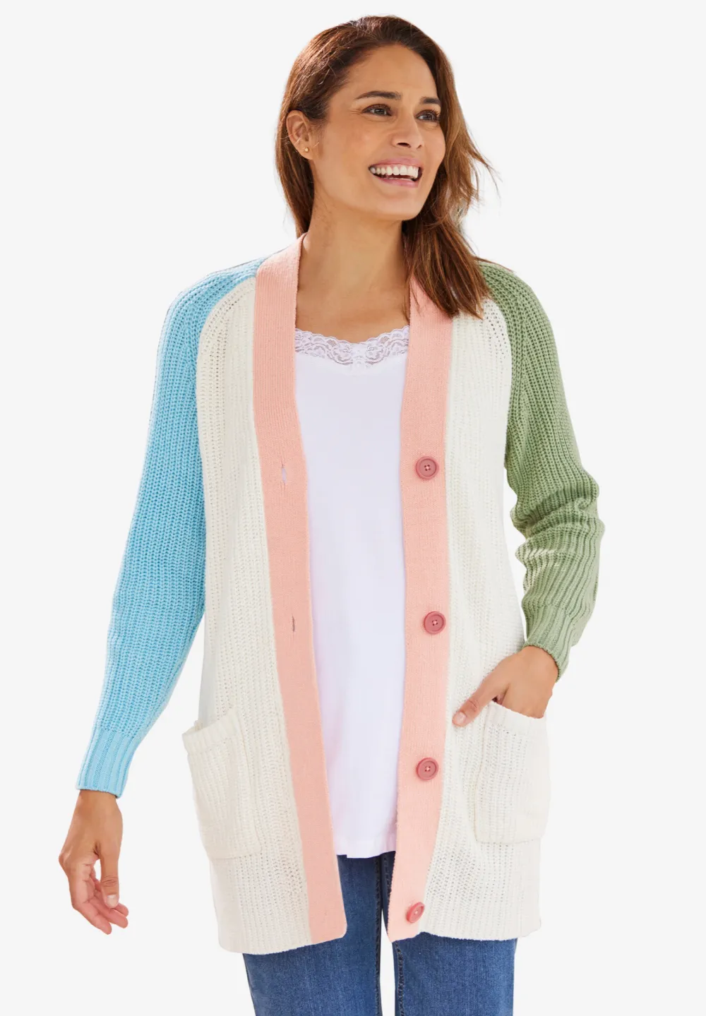 Button-Front Shaker Cardigan