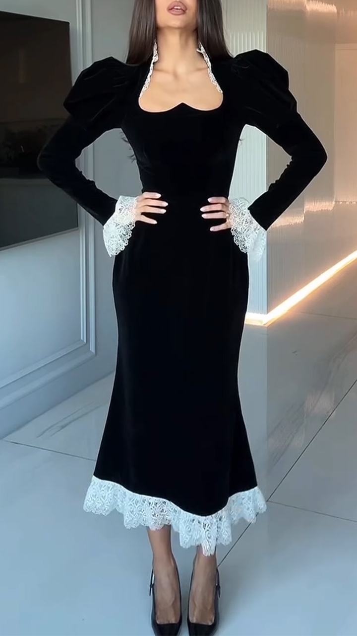 Ladies Patchwork Lace Printed Slim Fit Elegant Temperament Dress