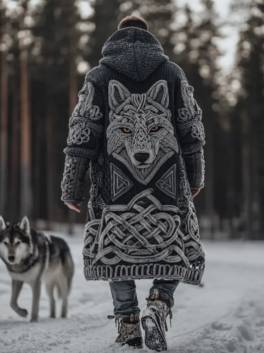 Men's Viking Style Celtic Knot Wolf Head Sweater Cardigan