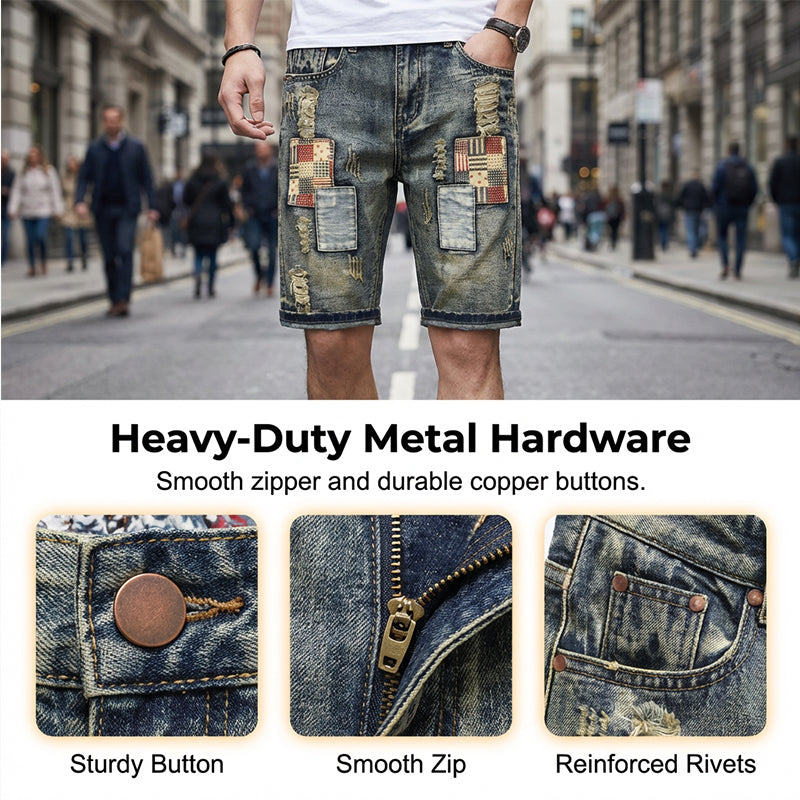 🔥 Men’s Ripped Denim Shorts – Patchwork Design for Street Style Edge 👖✨