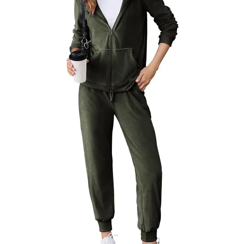 Women's Casual Velour Tracksuit Set Full Zipper Hoodie & Workout Pants Velvet