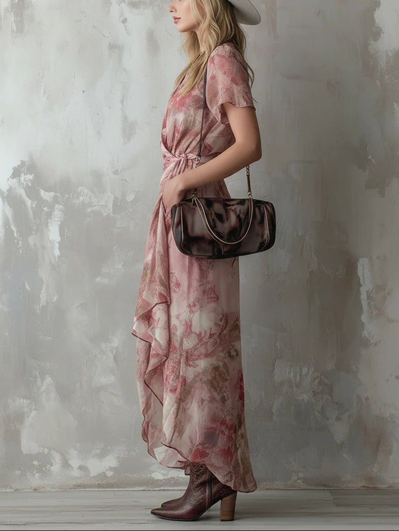 Romantic pink floral chiffon wrap dress with short sleeves