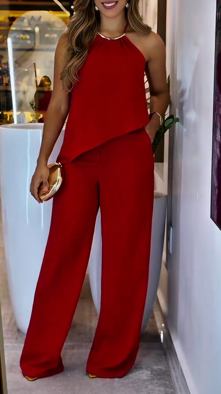 Women Neck Hanging Irregular Top + Pants Casual Suit