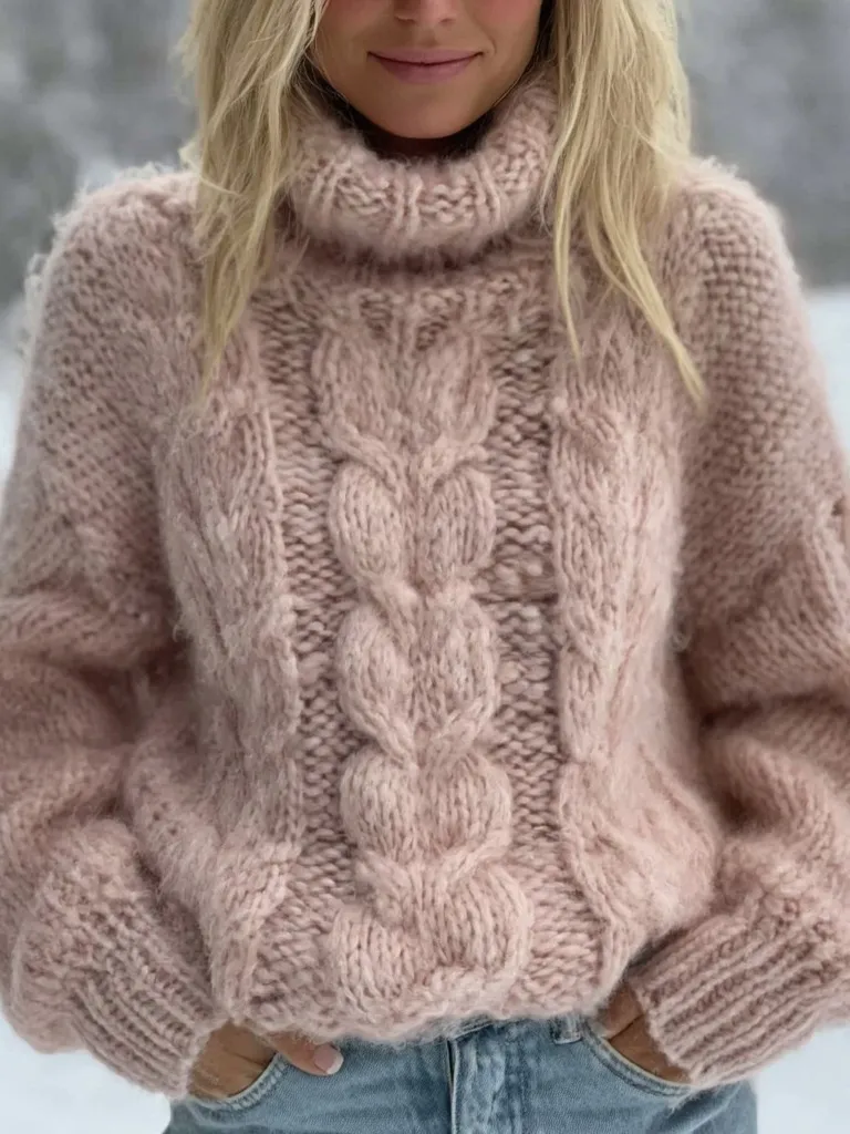 Women's Pink Cable Knit Warm Turtleneck Sweater