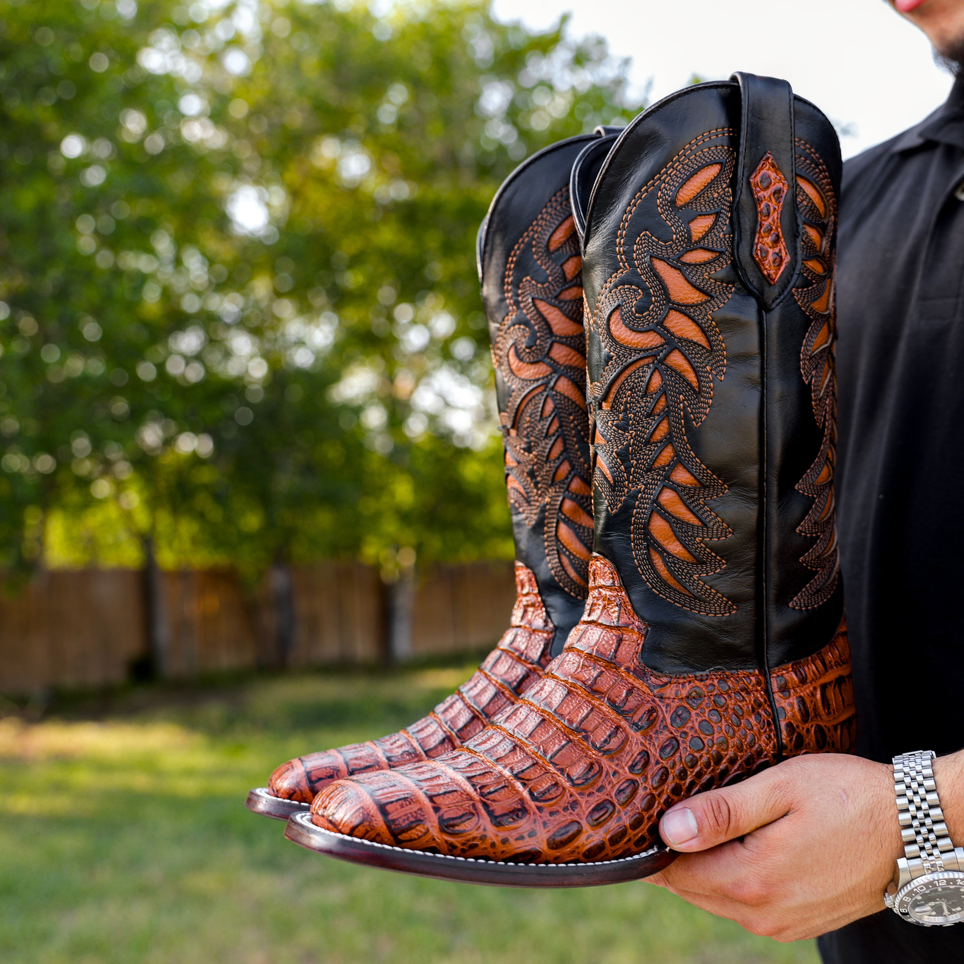 Cognac Caiman Hornback Leather Boots - Square Toe