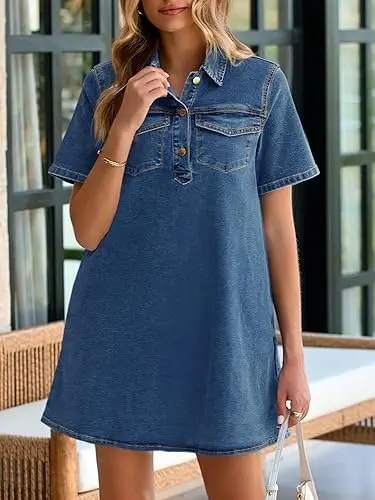 Women's Short Sleeve Denim Dress Button Down Collared Loose Fit Summer Casual Jean Shirt Mini Dresses