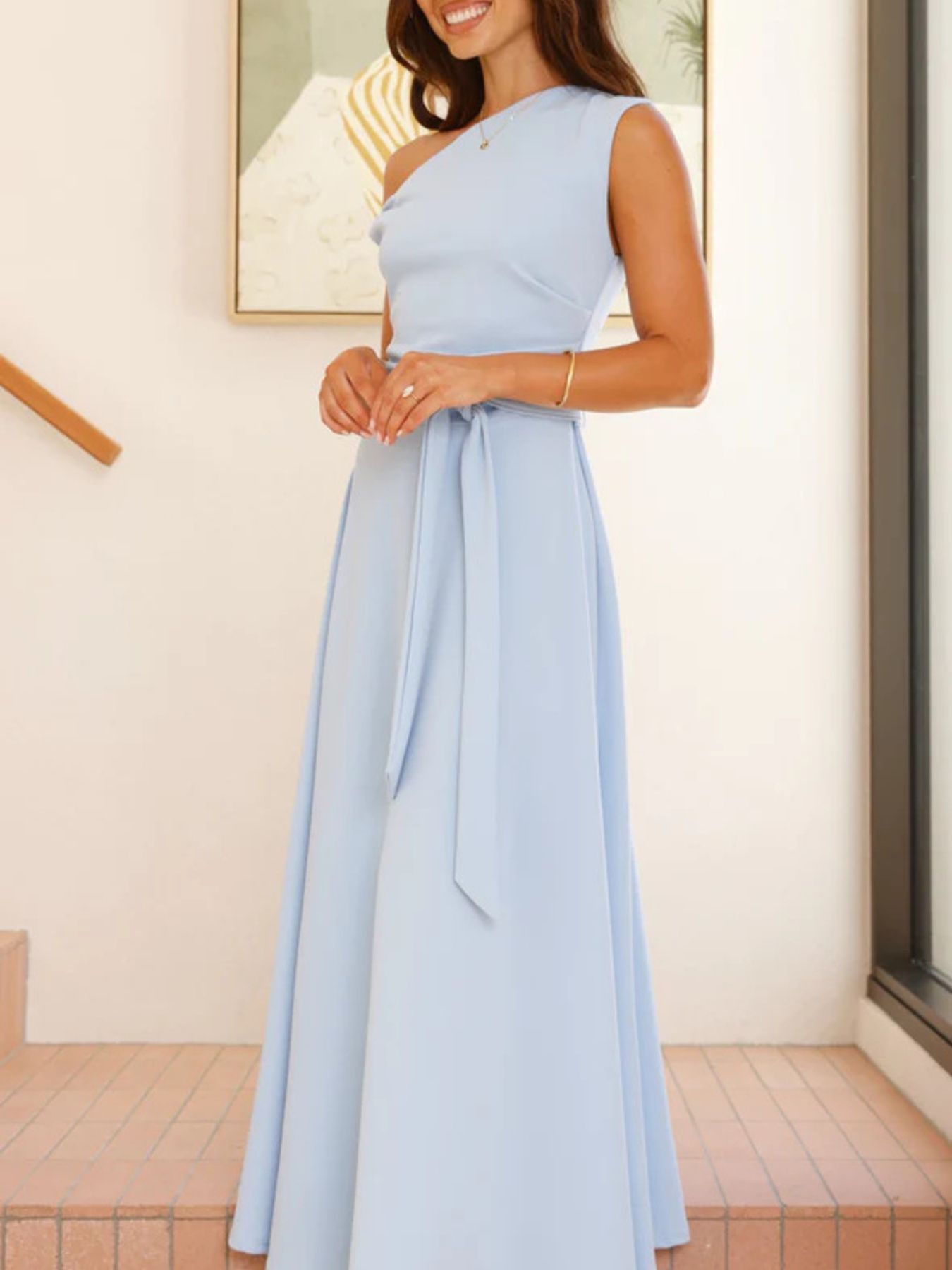 Single Shoulder Tie Waist Maxi Dress