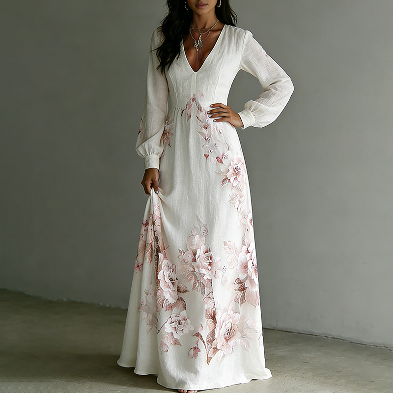 Women's Vintage Rose Art V-neck Long Sleeve Maxi Dress