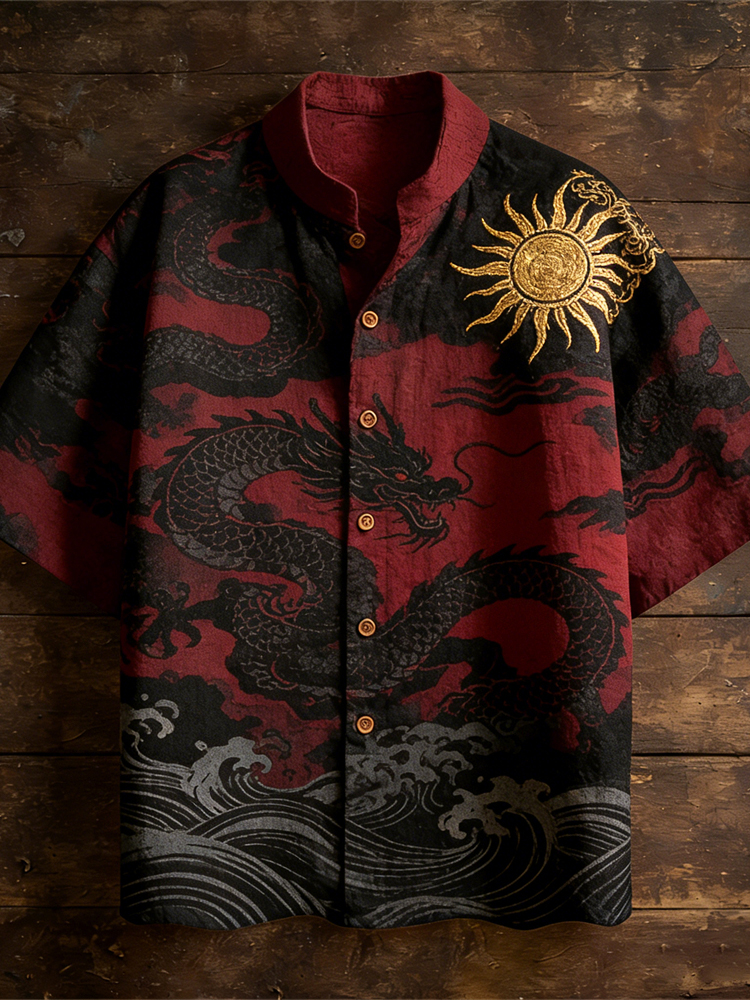 Japanese Ocean & Dragon Totem Men's Linen Short Sleeve Shirt