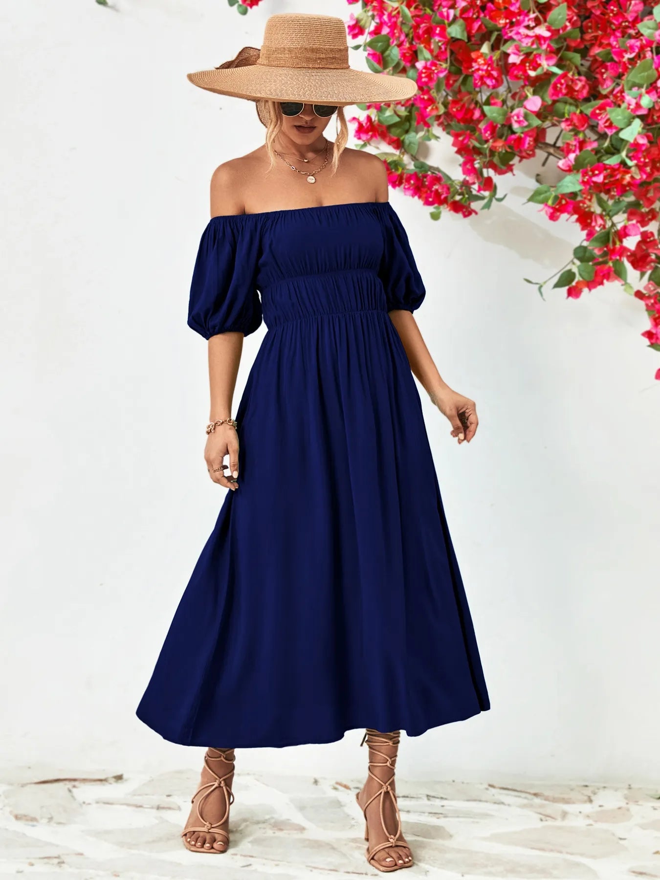 Off-Shoulder Puff Sleeve Smocked Maxi Dress