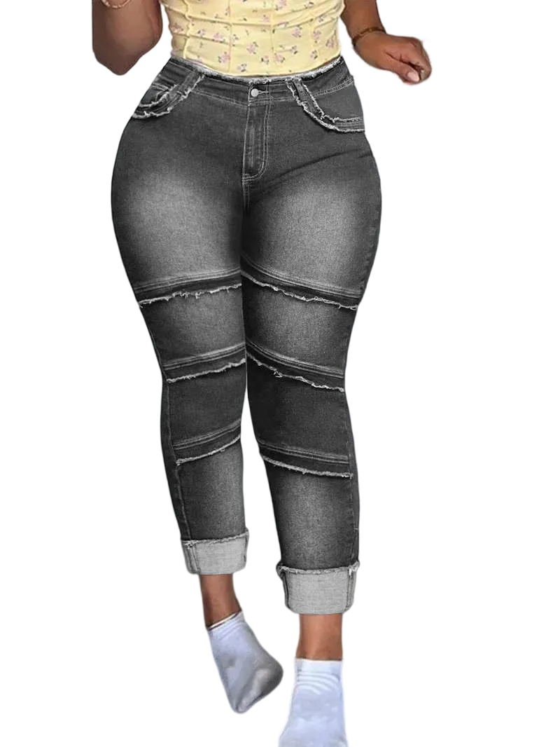 Raw Hem Pocket High Waisted Denim Jeans, Casual Comfy Slim-fitting Trousers for Daily Wear