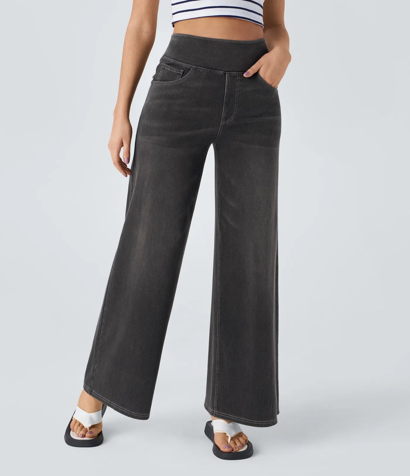 High Waisted Pockets Baggy Wide Leg Washed Casual Jeans