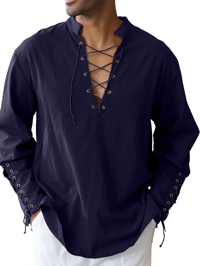Men's cotton and linen shirt with drawstring sleeves