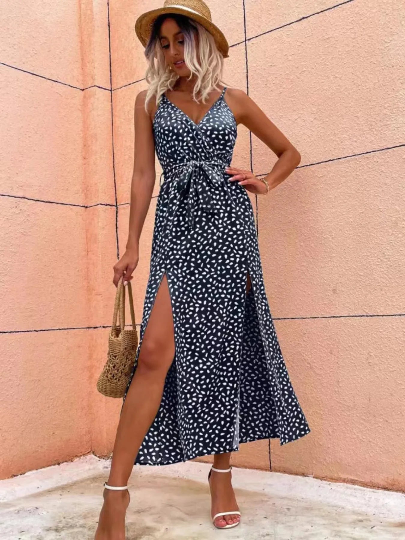 Slit Printed Surplice Midi Dress