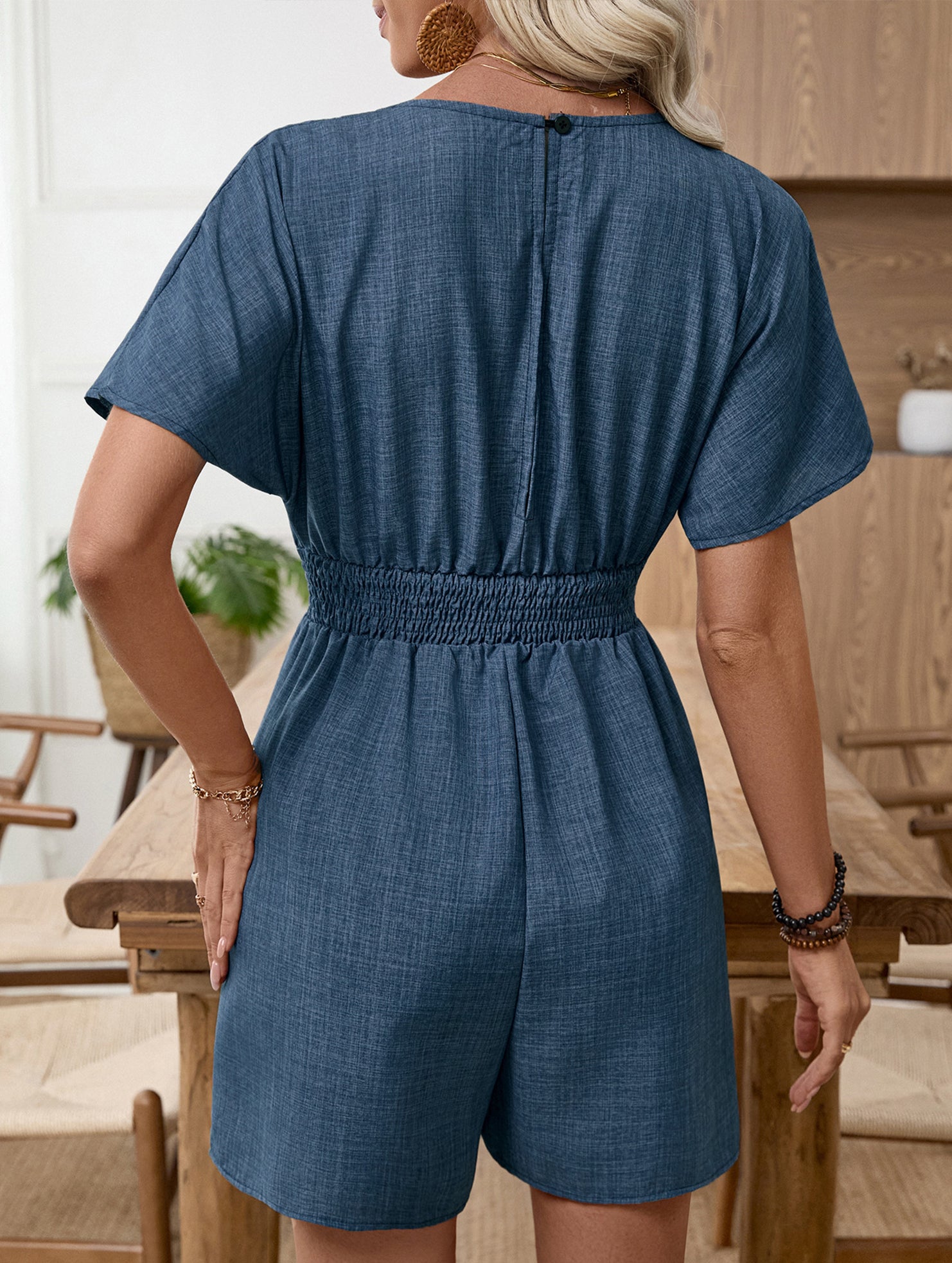 Solid V Neck Waist Romper