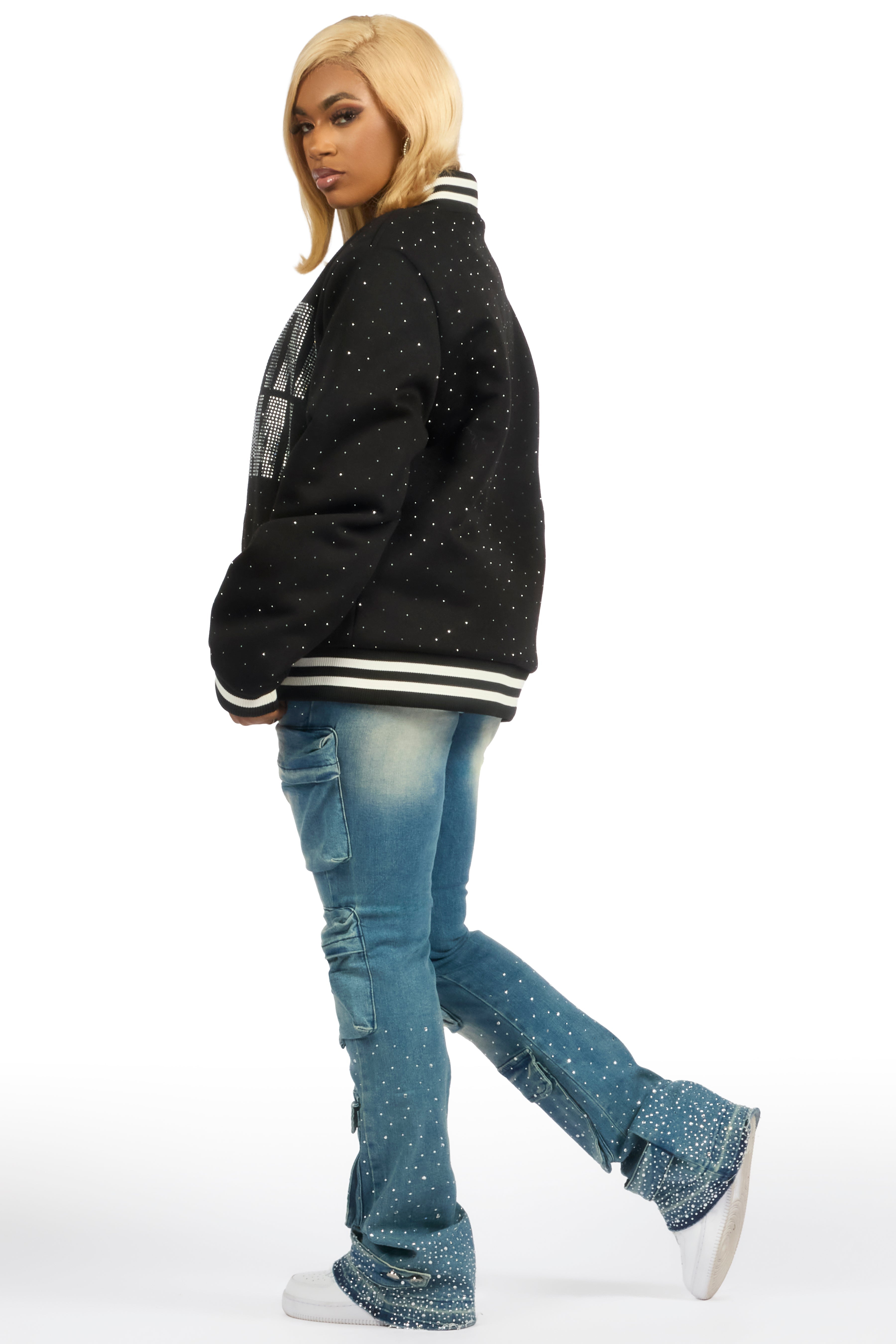 Nakiah Black Rhinestone Varsity Jacket