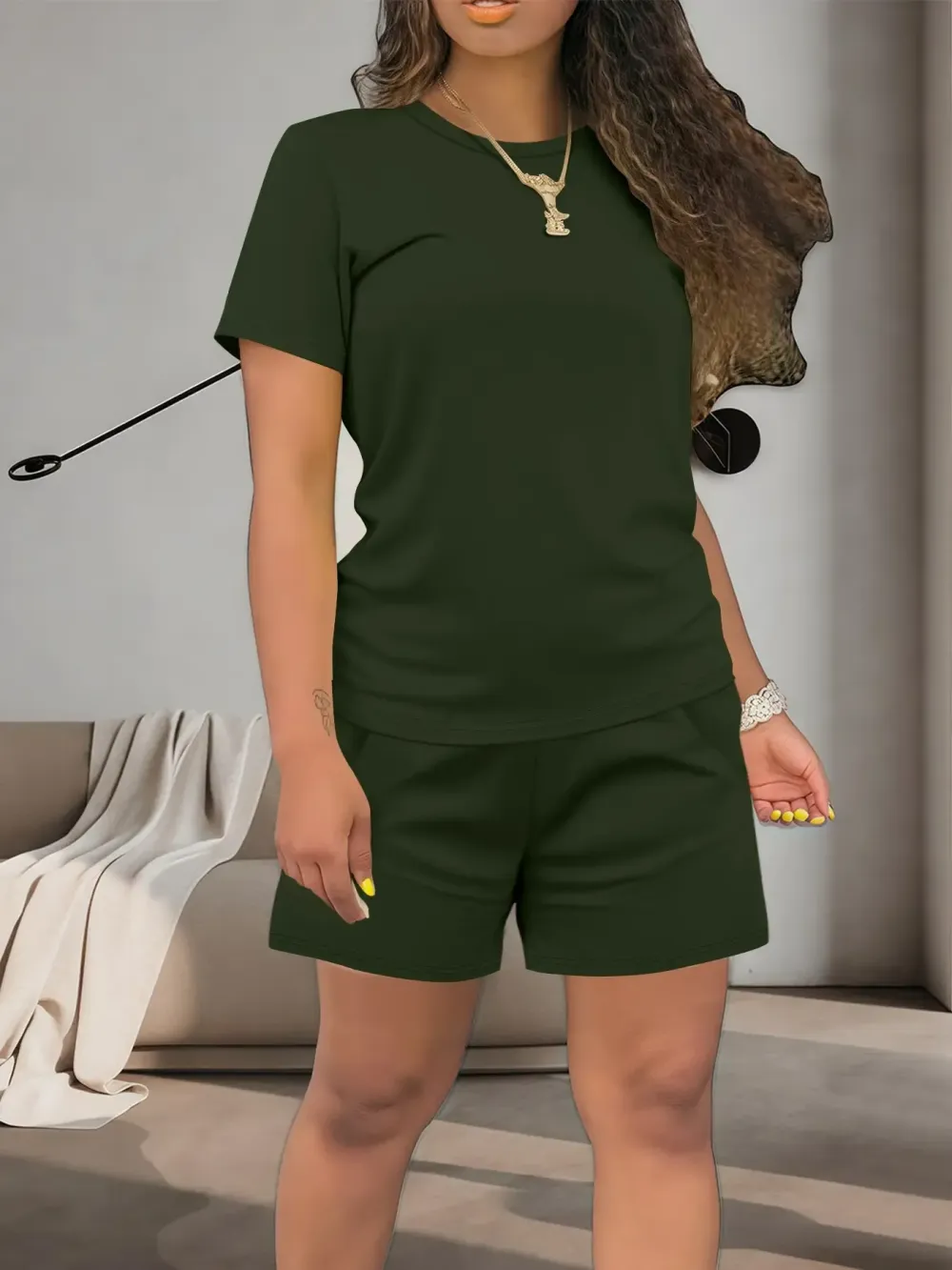Women's Summer Casual Set, Regular Fit Short Sleeve Top & Shorts, Plain Color Women's