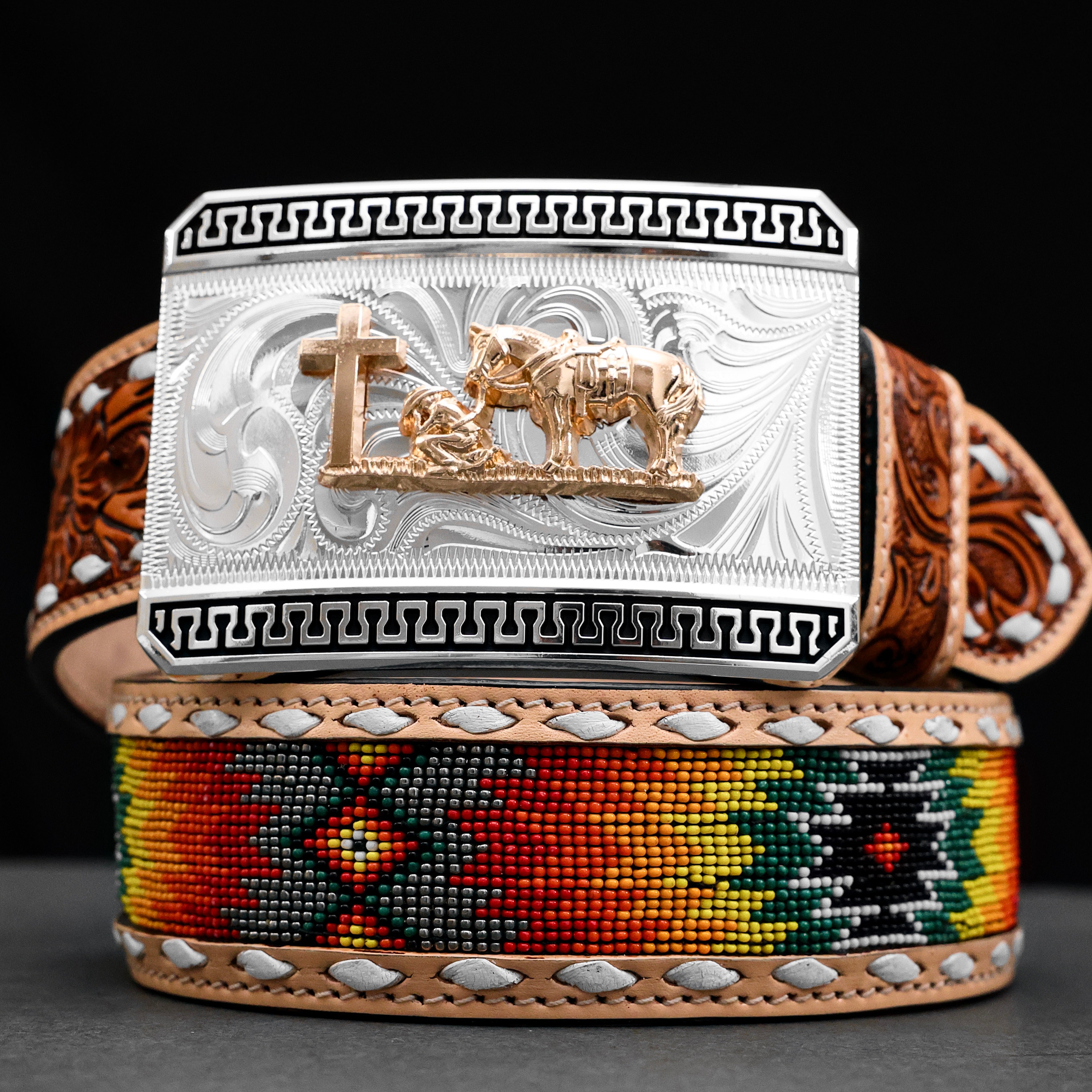 2 Inch Hand-Tooled Artesanal Beaded Leather Belt