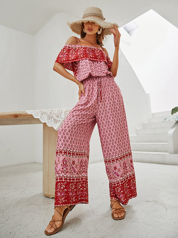 Women Wide Leg Floral Printed Bohemia Jumpsuit