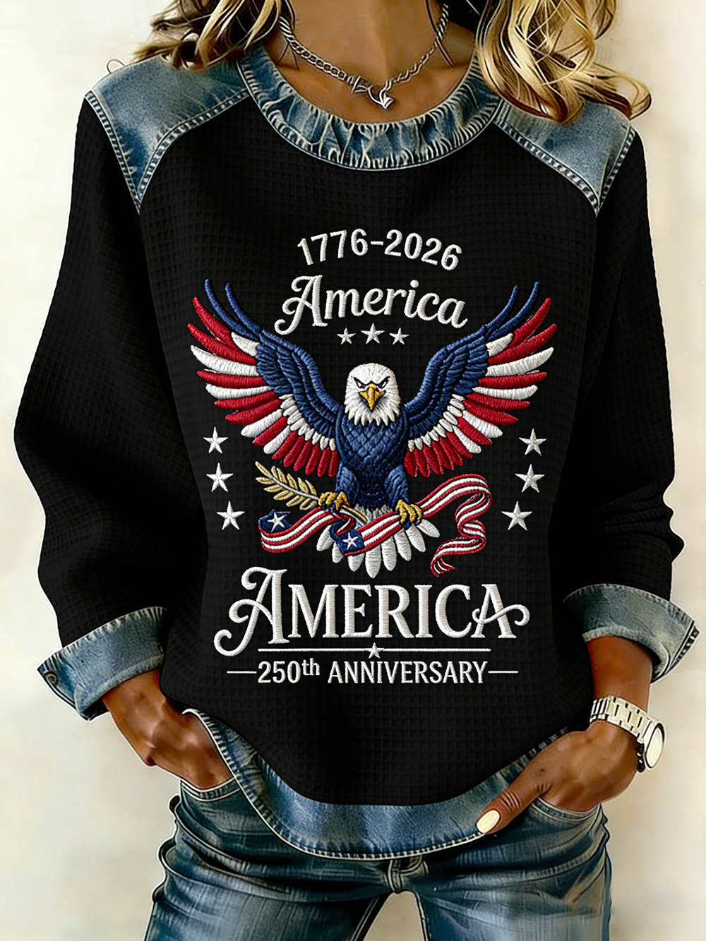 America 250th Anniversary Eagle Embroidered Waffle Knit Top