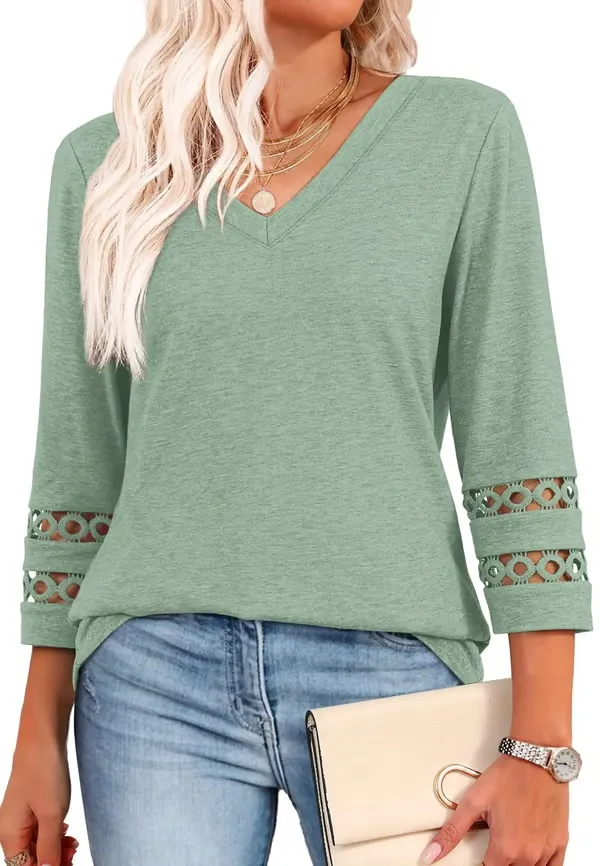 Womens 3/4 Length Sleeve Tops Trendy V Neck T Shirts(Just $3 a Each!)