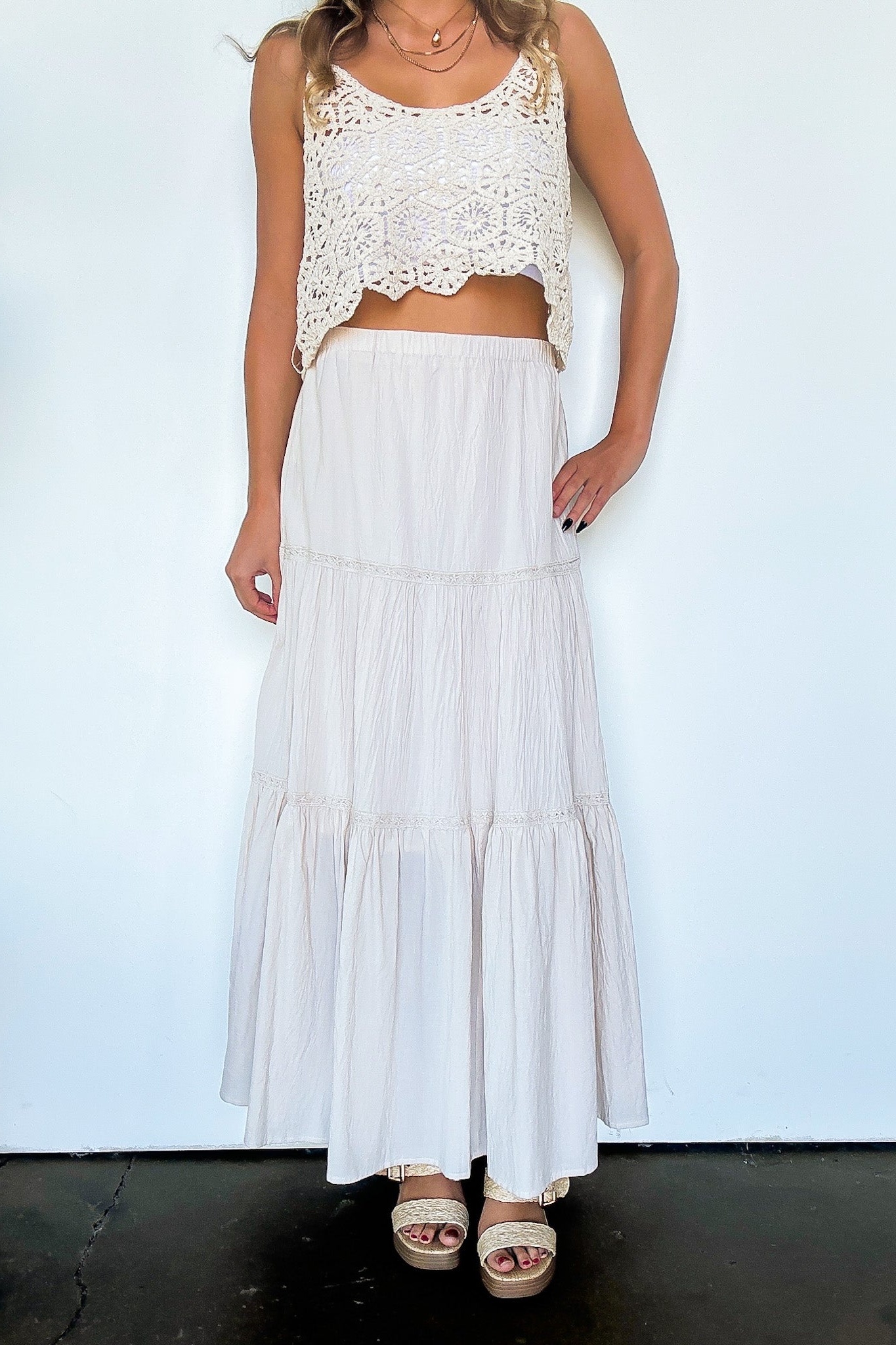 Crochet Detail Tiered Maxi Skirt