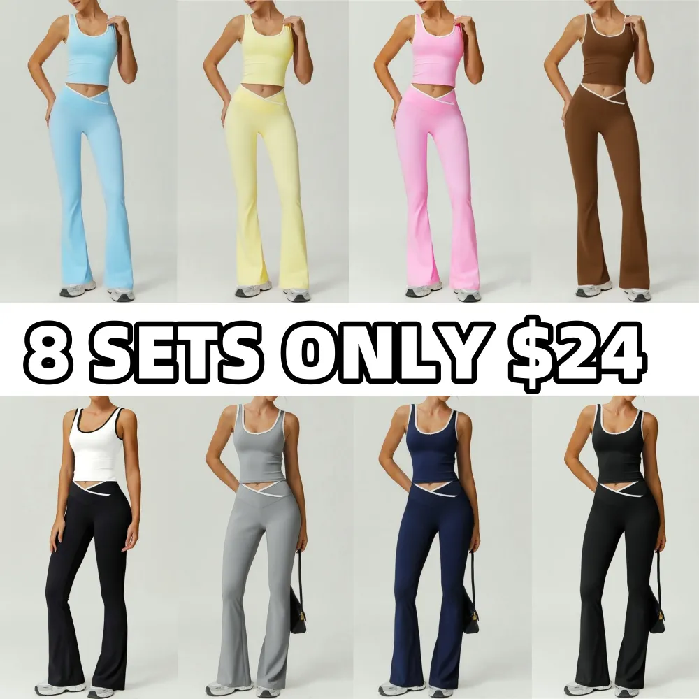 Womens Colorblock Tank Top & Flare Leg Pants Tracksuit Set