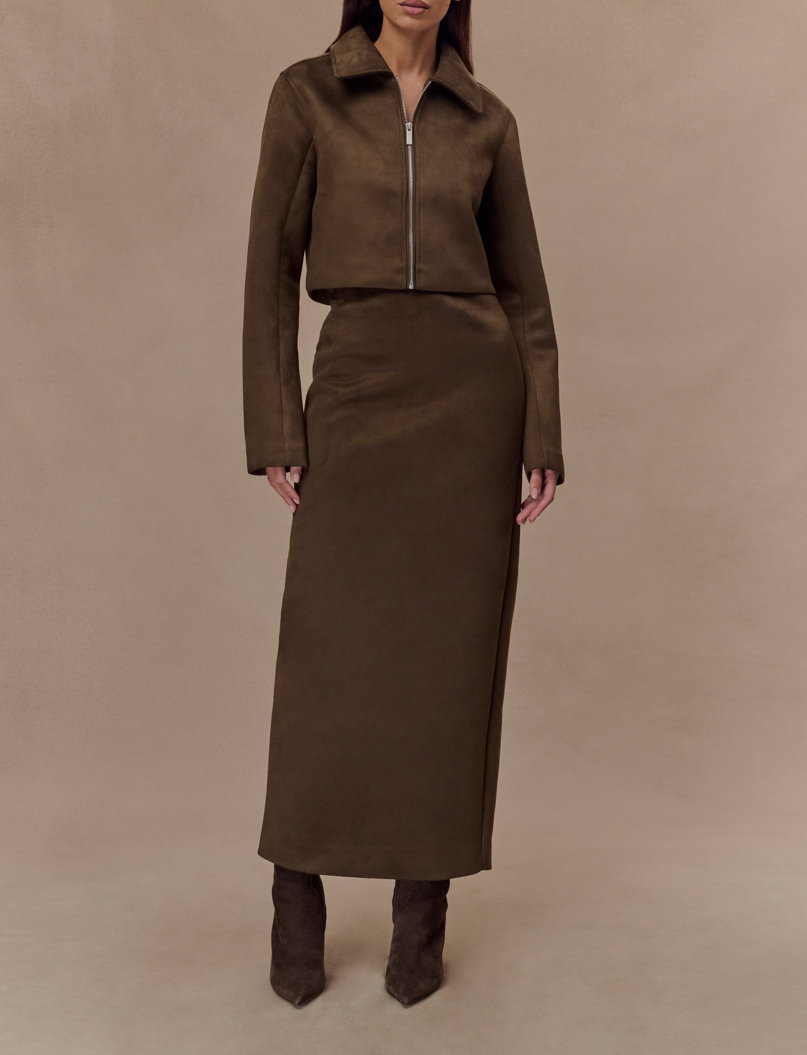 Chocolate Faux Suede Midi Skirt