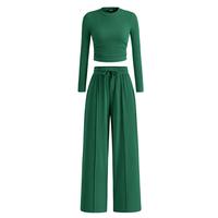 2-Piece Ribbed Knit Long Sleeve Crop Top Wide Leg Pants Matching Lounge Set Loungewear