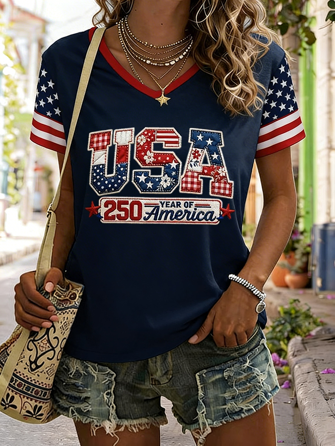 Women's V-neck American 250 Celebration Printed T-shirt