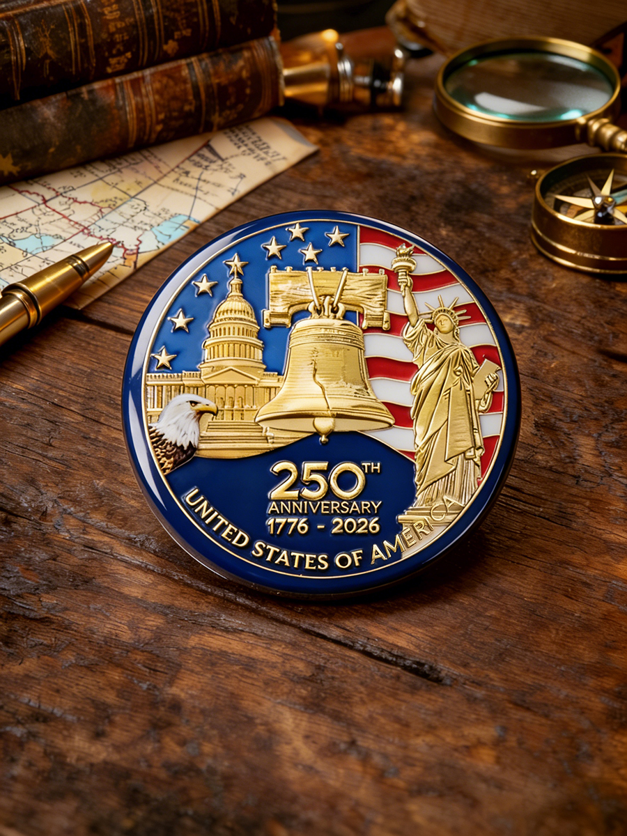 USA 250th Anniversary Liberty Bell & Landmarks Gold Pin Badge
