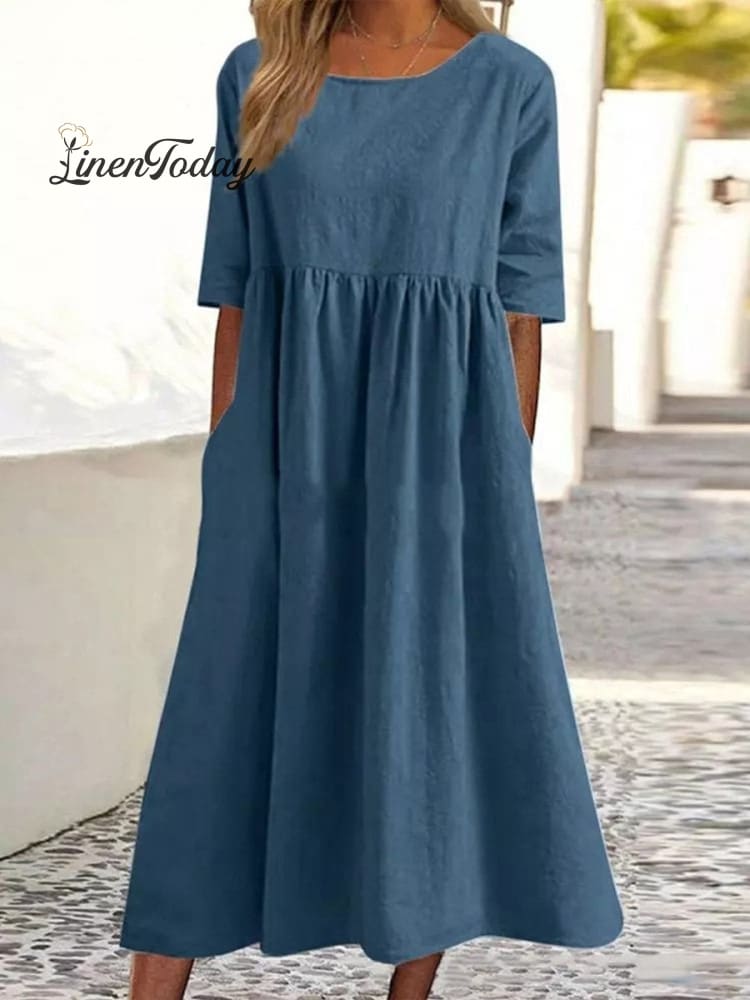 Cotton And Linen Casual Short Sleeve Pocket Pleated Loose Round Neck Dress