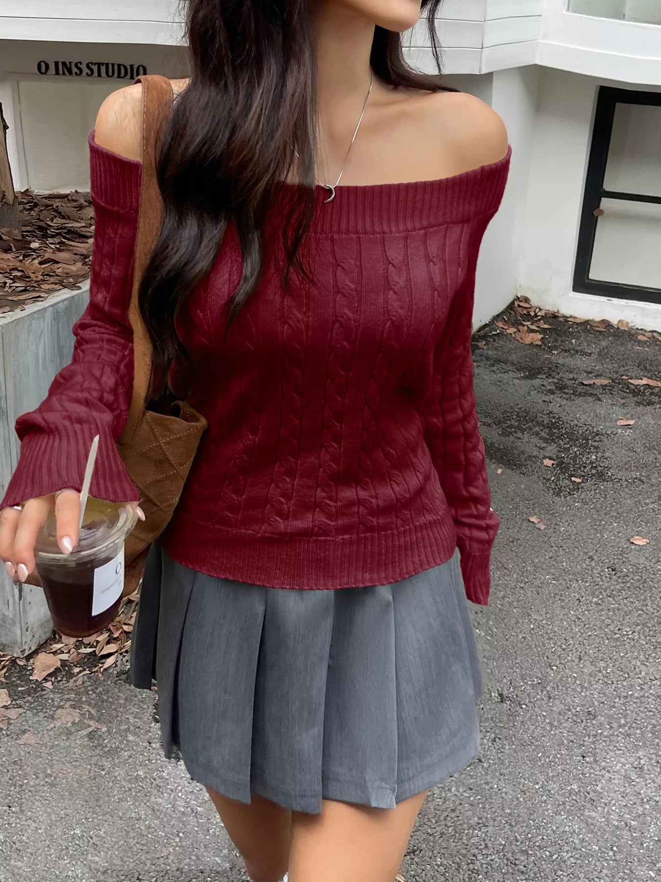 Off-Shoulder Cable Knit Sweater