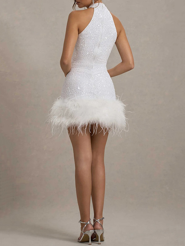 Shiny Sequinned Feather Splicing Sleeveless Party Mini Dresses