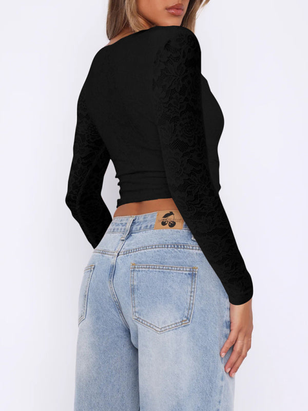 Deep V Hollow Sweet Spicy Style Lace Pullover Top