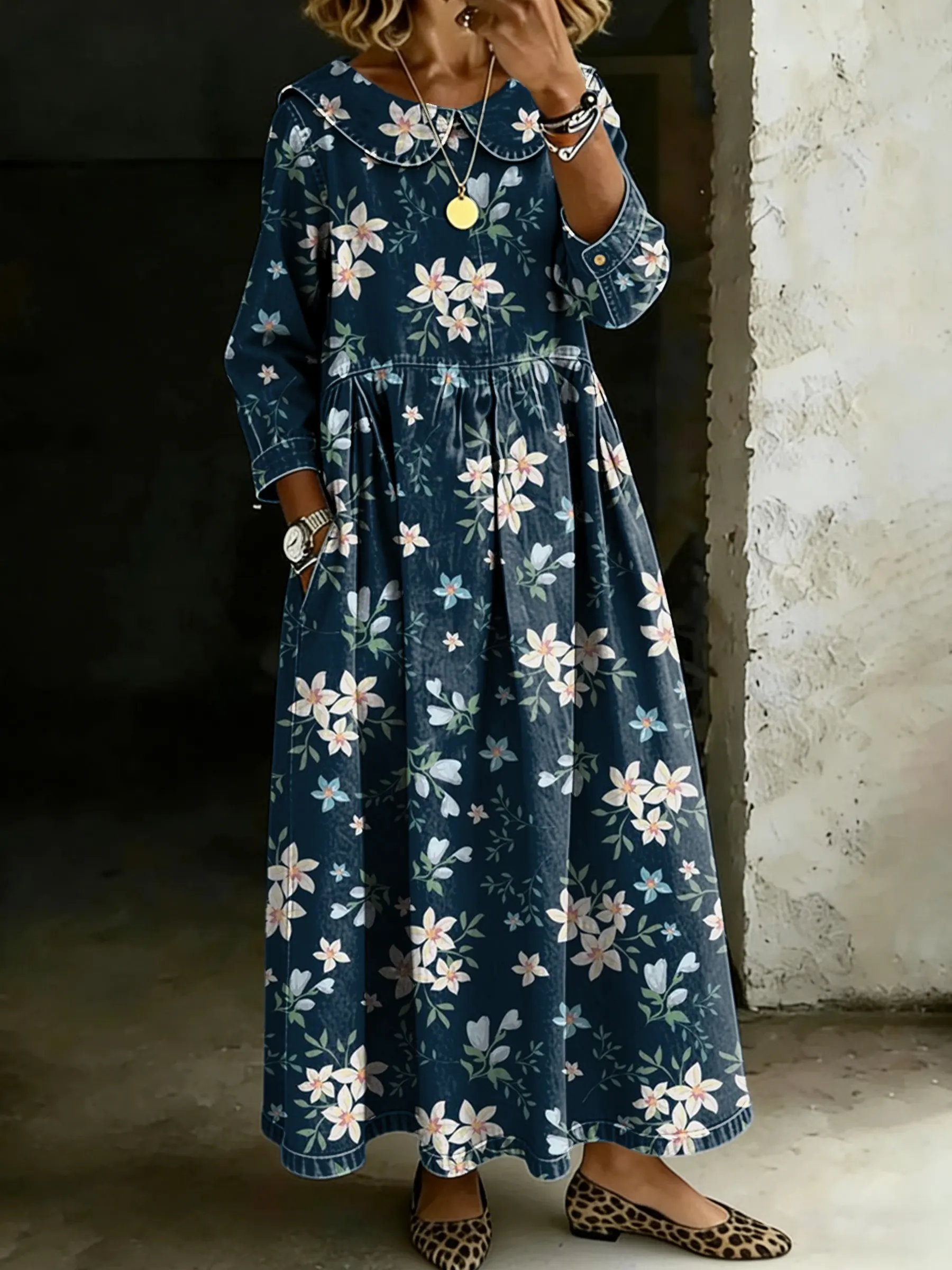 Women's Retro Floral Splicing Long-sleeved Loose-fitting Casual Denim Dress