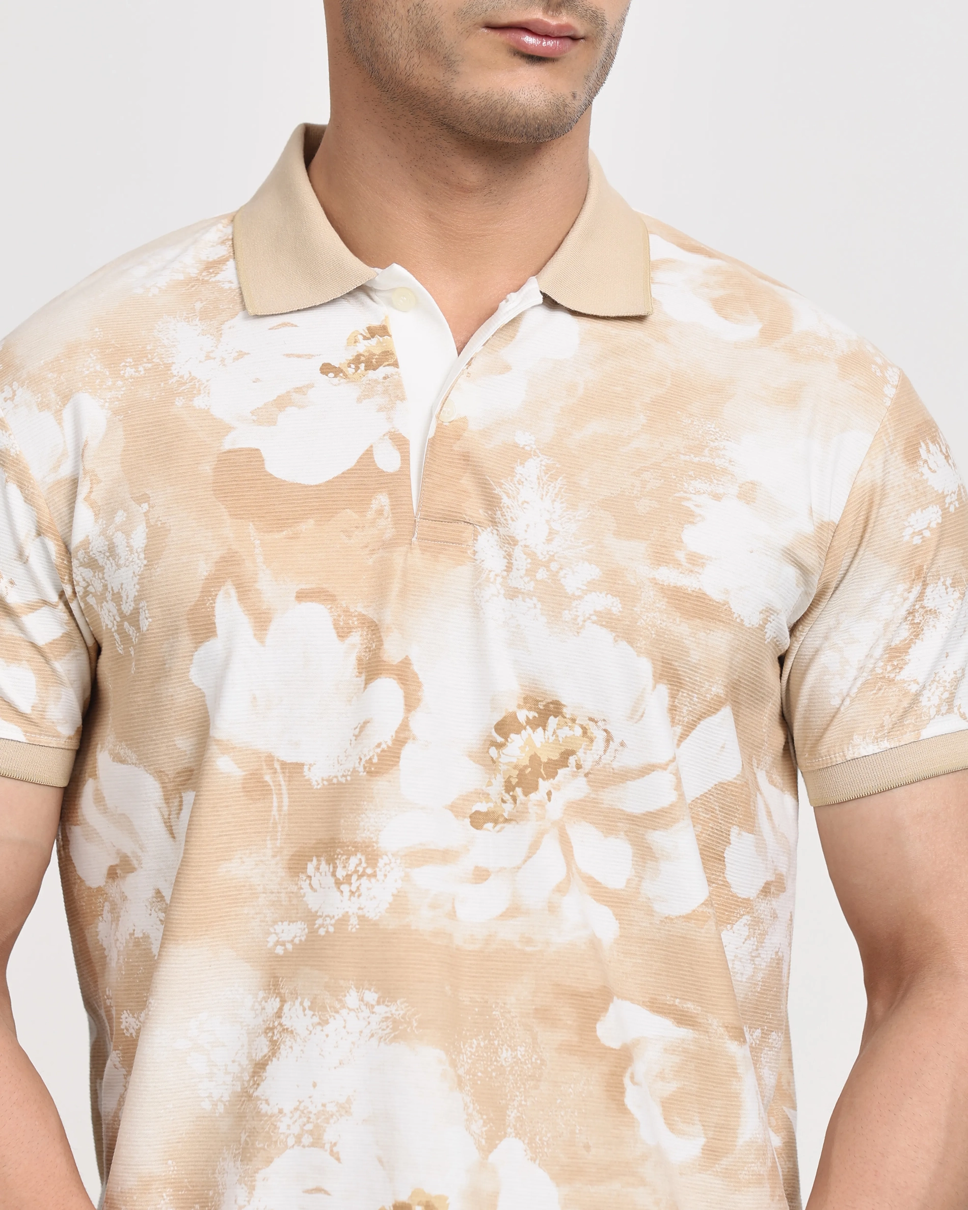Casual Minimalist British Style Beige Floral Polo Shirt