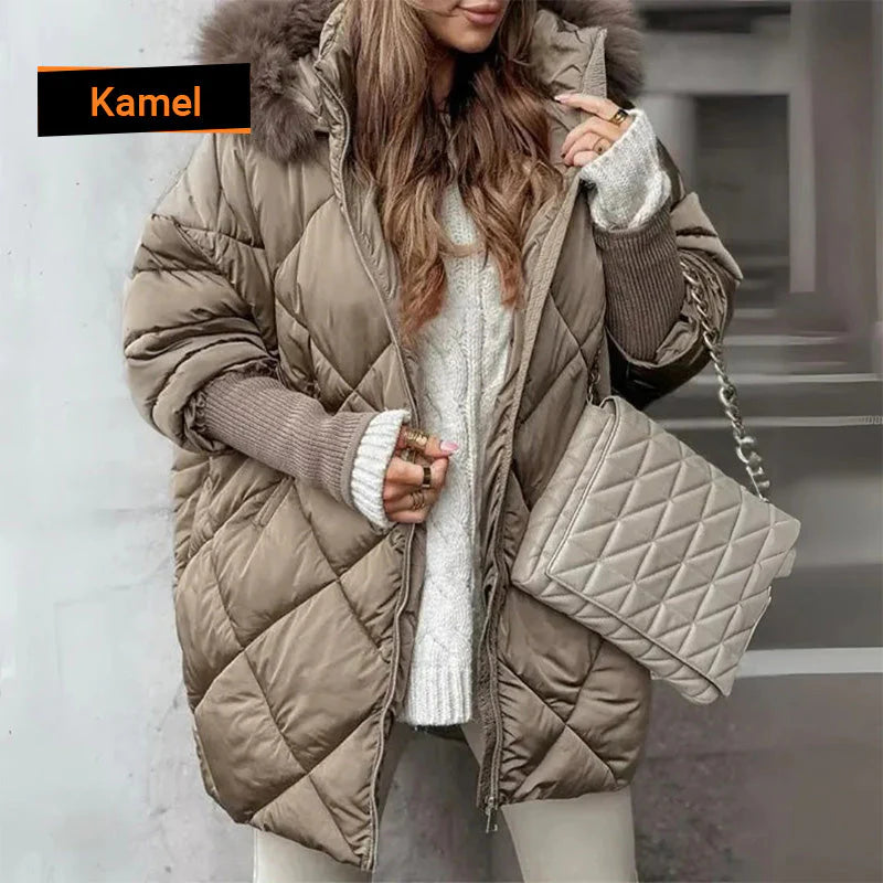 Women's midi parka with knitted sleeves