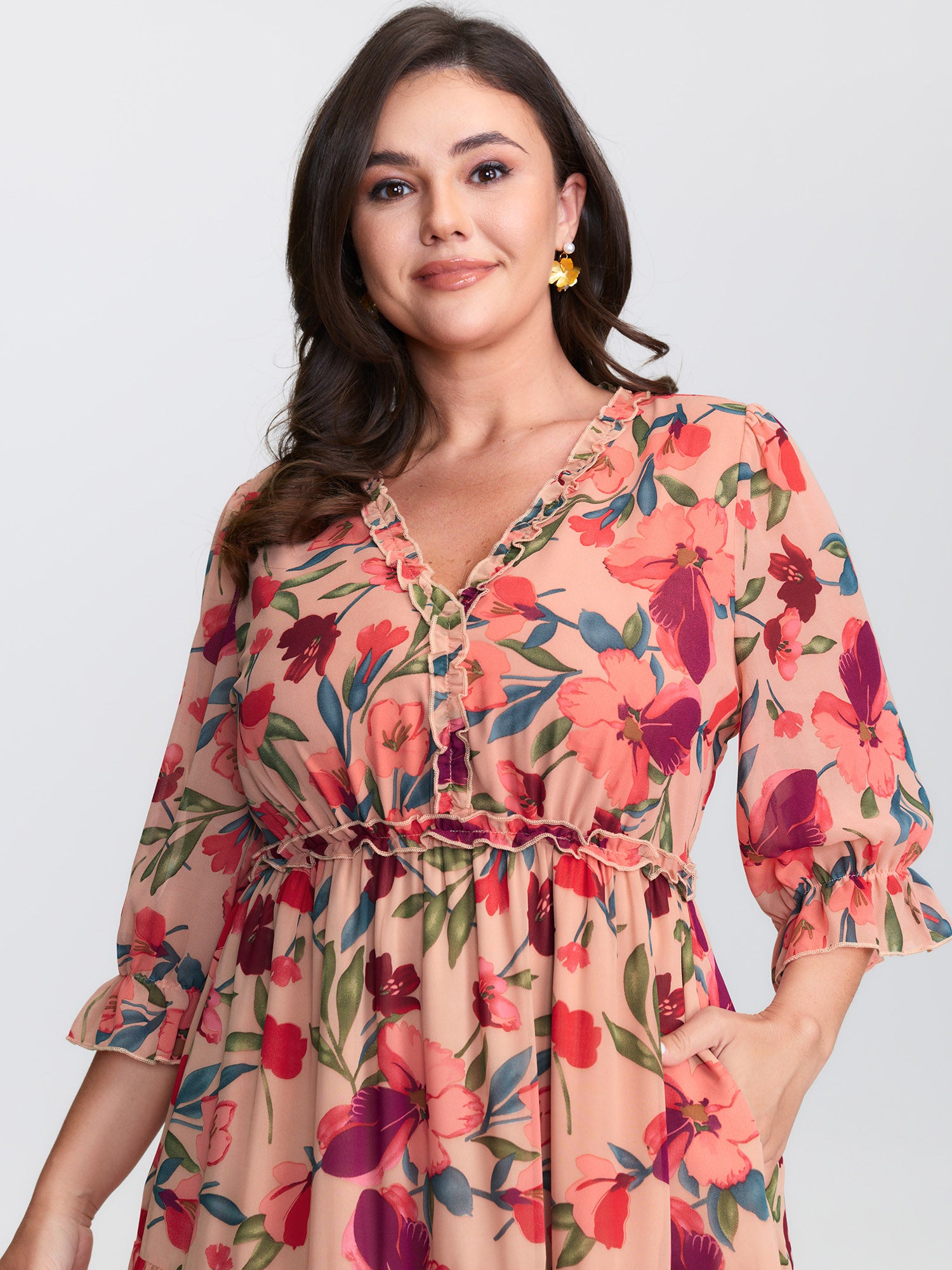 Romantic Floral Print Ruffled Edge Maxi Dress